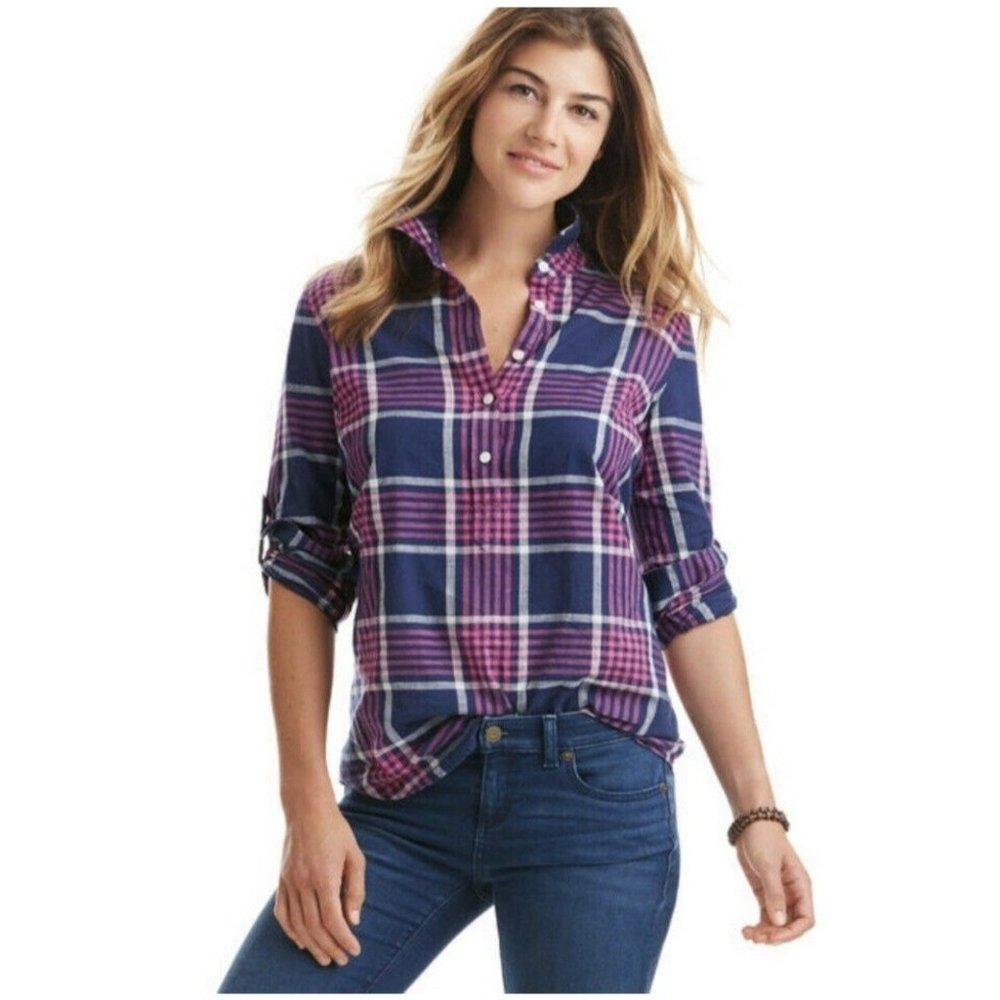 Vineyard Vines Harbor Plaid Relaxed Popover Shirt Roll Tab Sleeves Womens Size 6